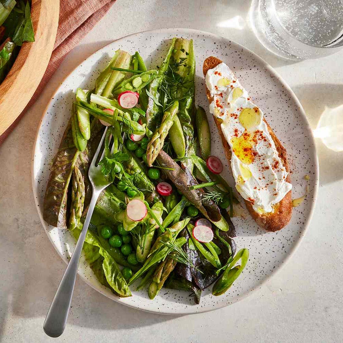 Spring Gem Salad with Soft Herbs and Labneh Toasts