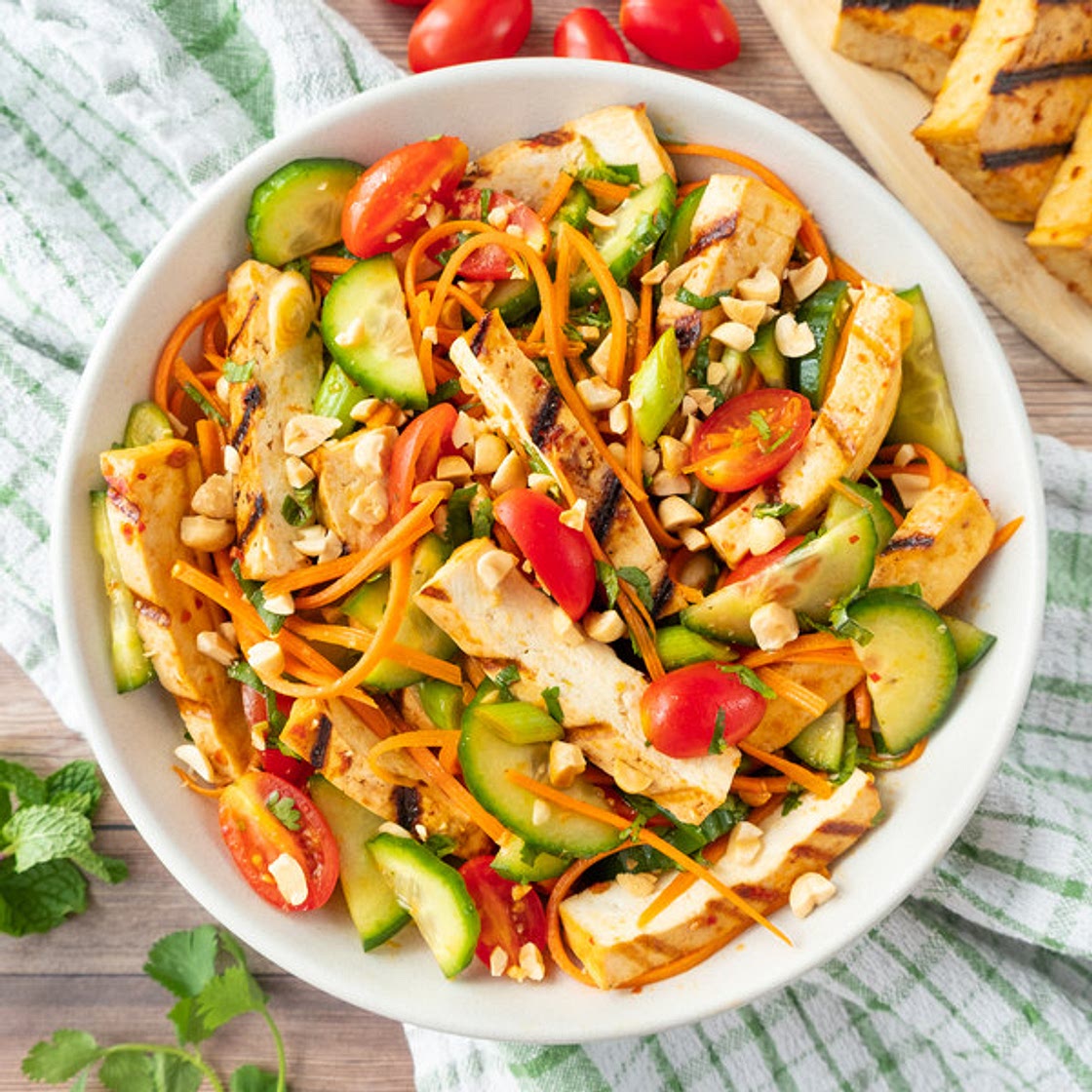 Asian Chili-Garlic Salad with Grilled Tofu, Peanuts & Fresh Herbs