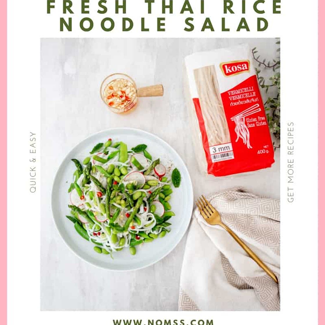 COLD SUMMER FRESH THAI RICE NOODLE SALAD WITH ASPARAGUS TIPS, SUGAR PEAS, SNAP PEAS, EDAMAME AND SPICY LIME VINAIGRETTE