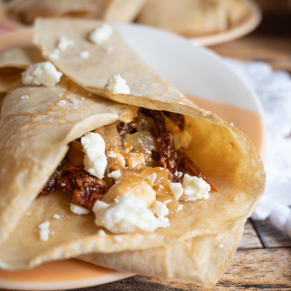 Whole Wheat Savory Crepes with Caramelized Onions, Sun Dried Tomatoes and Feta