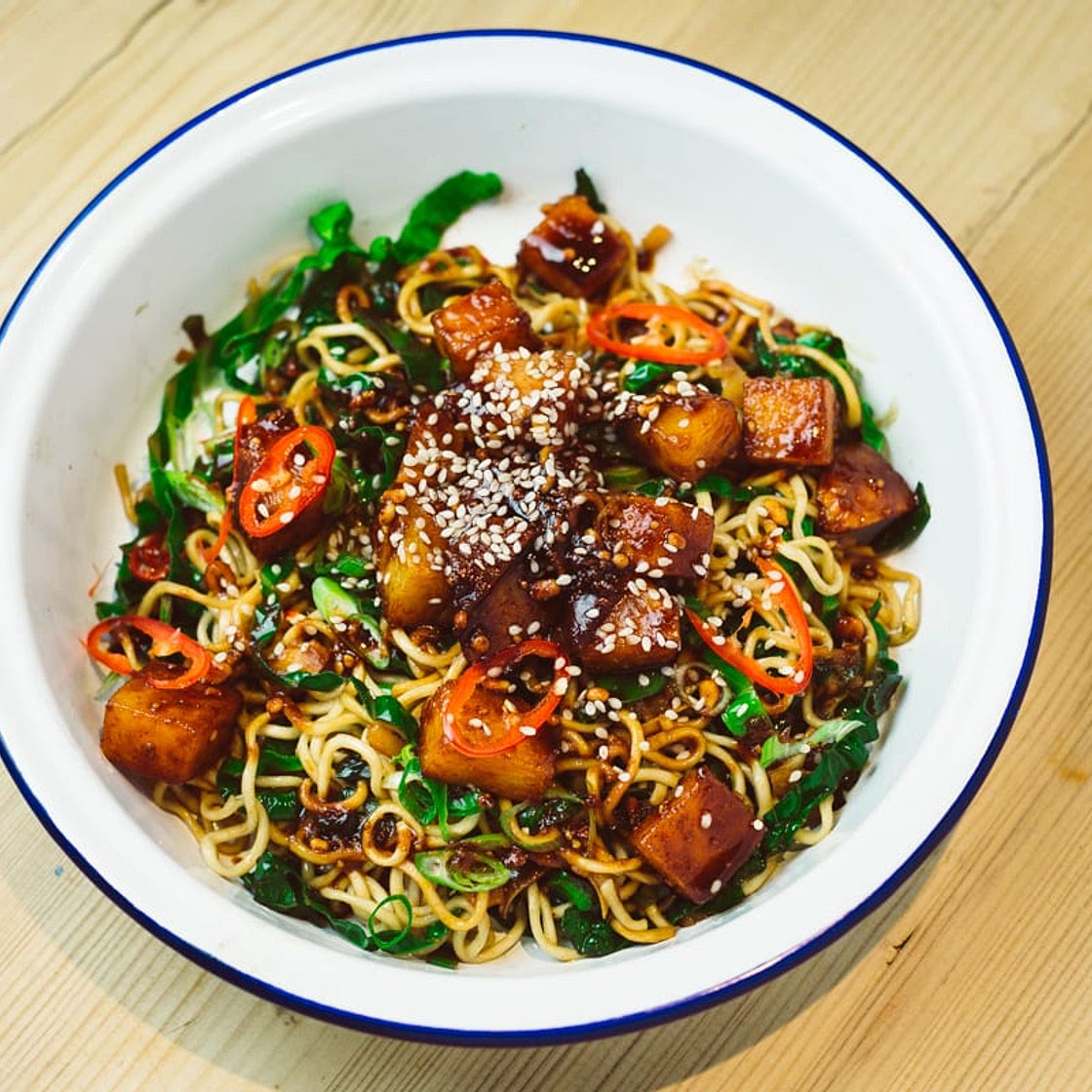 Peanut Glazed Swede With Green Cabbage and Chilli Noodles