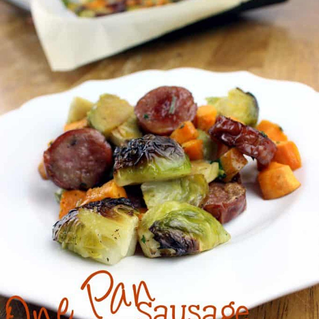 One Pan Sausage, Brussels Sprouts & Sweet Potato