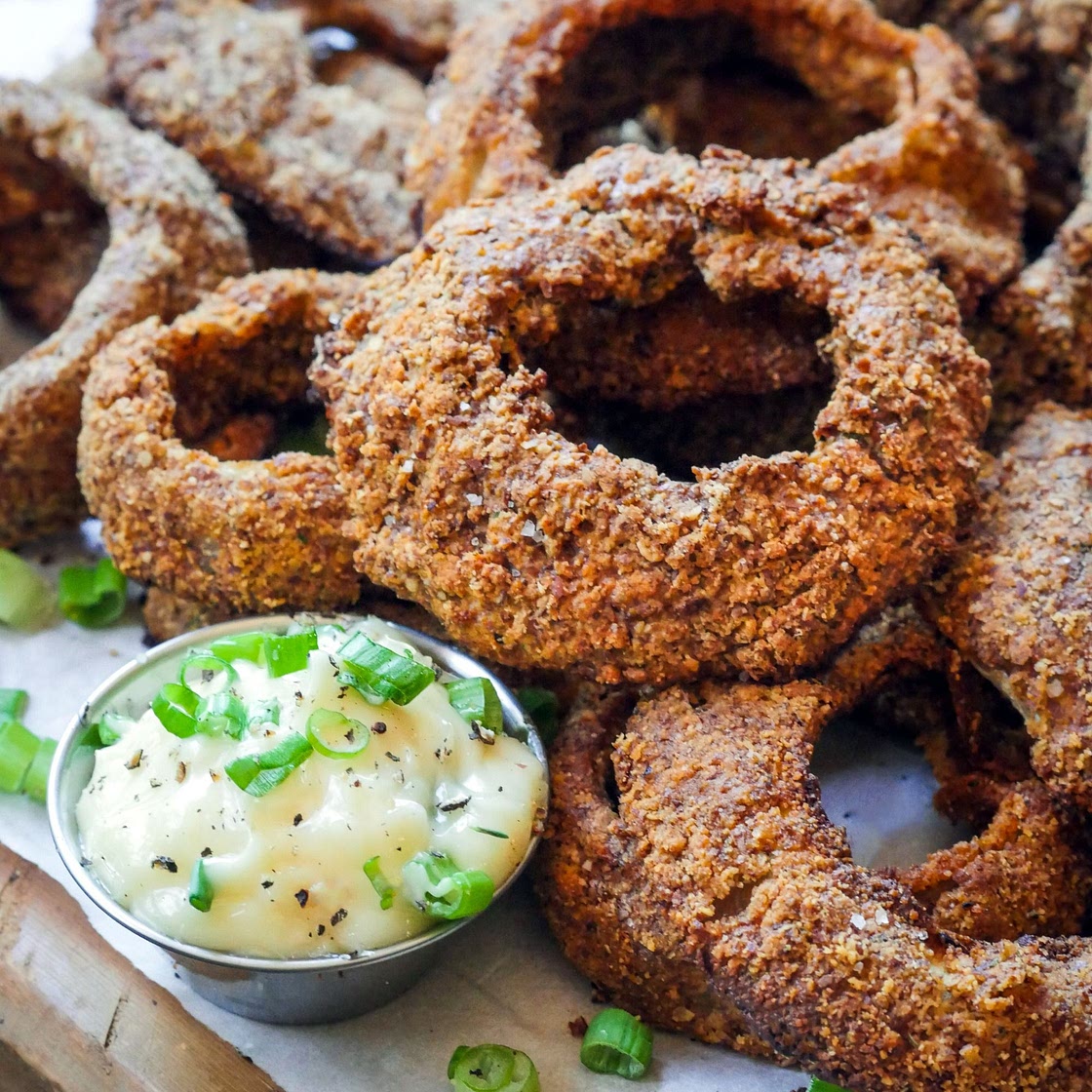Whole30 Almond-Crusted Onion Rings with Green Onion–Cracked Pepper Aioli From The Whole30 Friends & Family