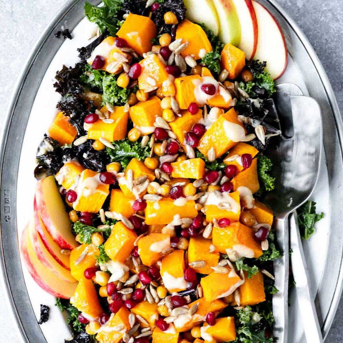 Roasted Butternut Squash and Kale Salad with Roasted Garlic Tahini Dressing