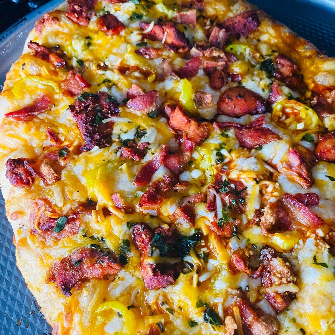 Traeger Buffalo Chicken Bacon Pizza