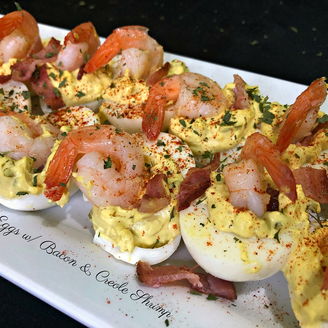 Deviled Eggs With Bacon And Creole Shrimp