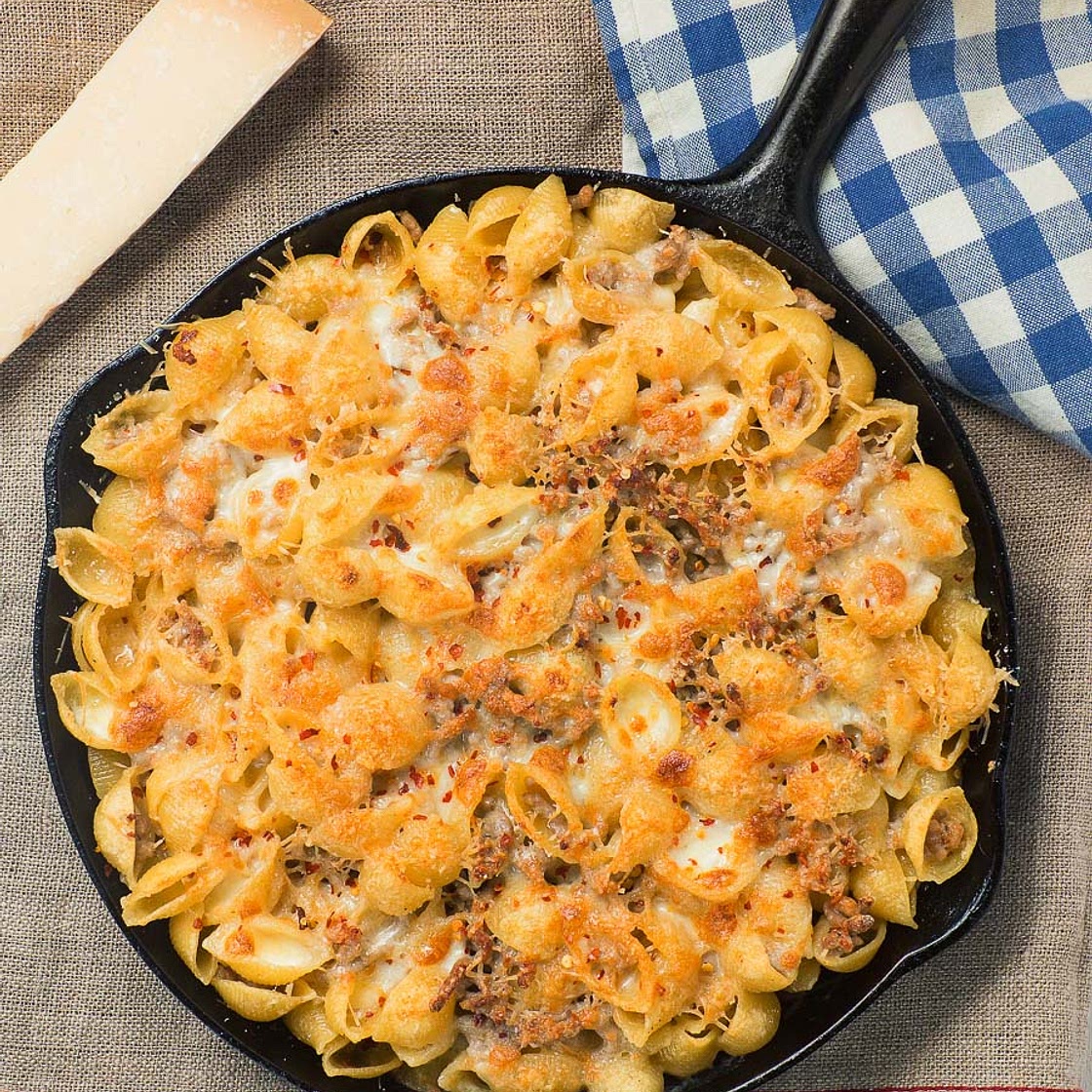 baked pasta with sausage alfredo sauce