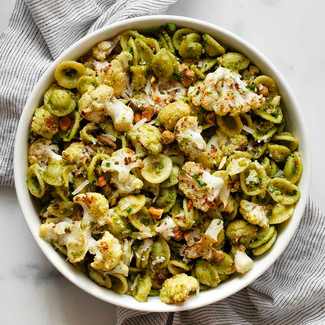 Roasted Cauliflower Pasta with Spinach Pesto