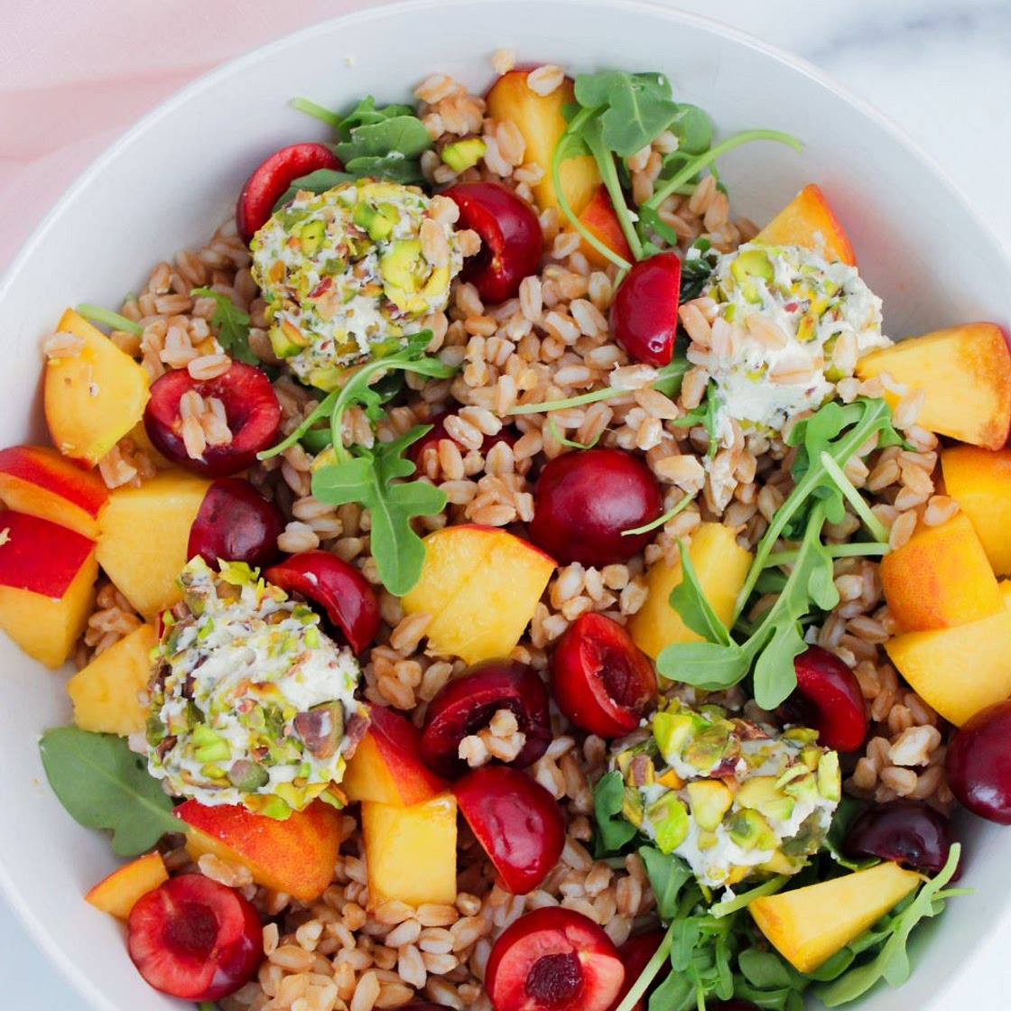 Summer Farro Salad with Herbed Vegan Cheese