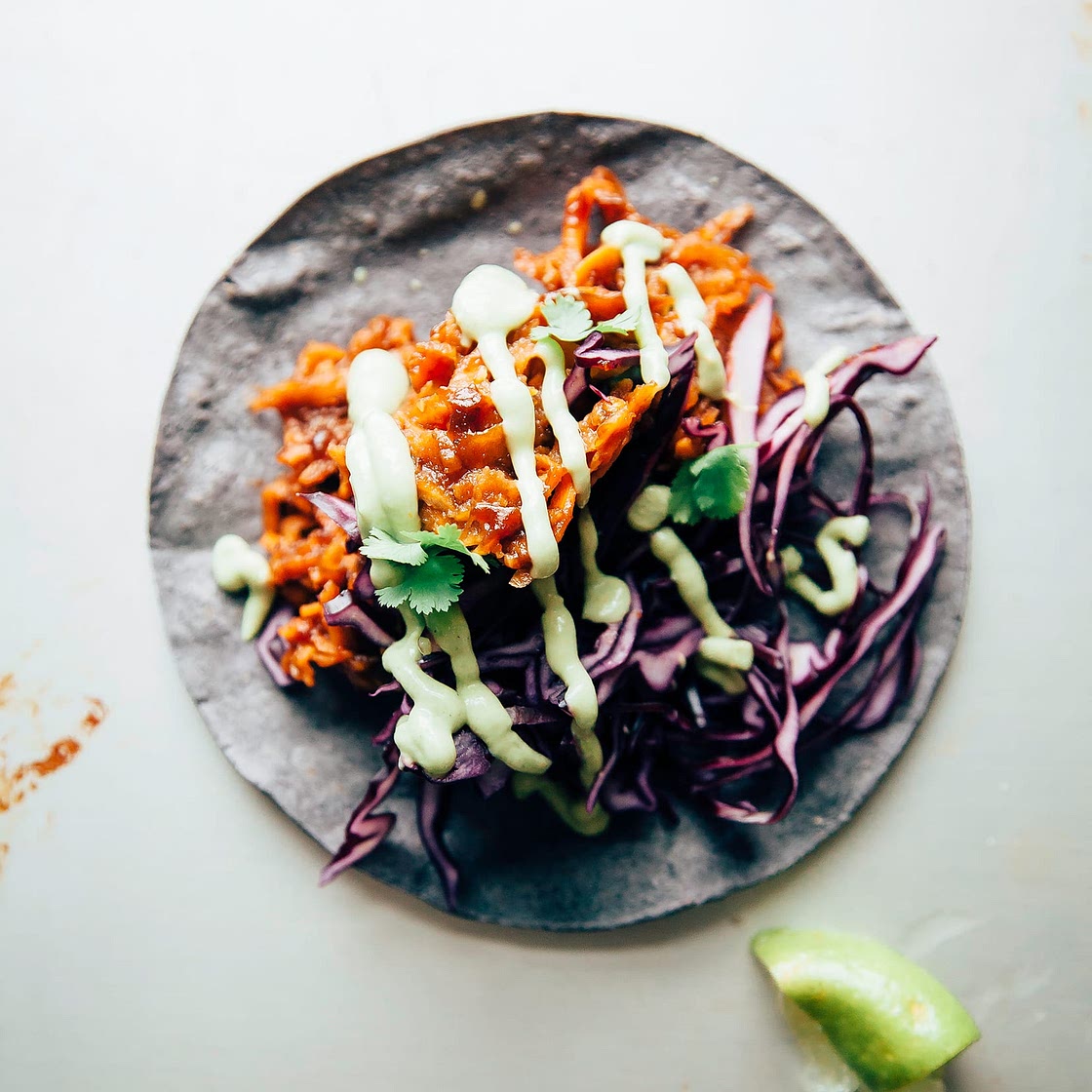 Sticky Sweet Potato Tacos with Avocado Cilantro Sauce