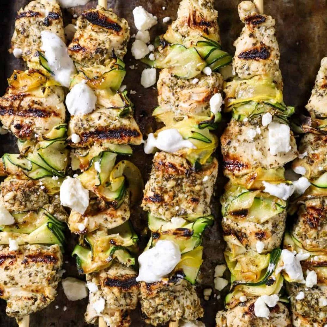 Greek-Inspired Grilled Chicken Skewers with Squash Ribbons