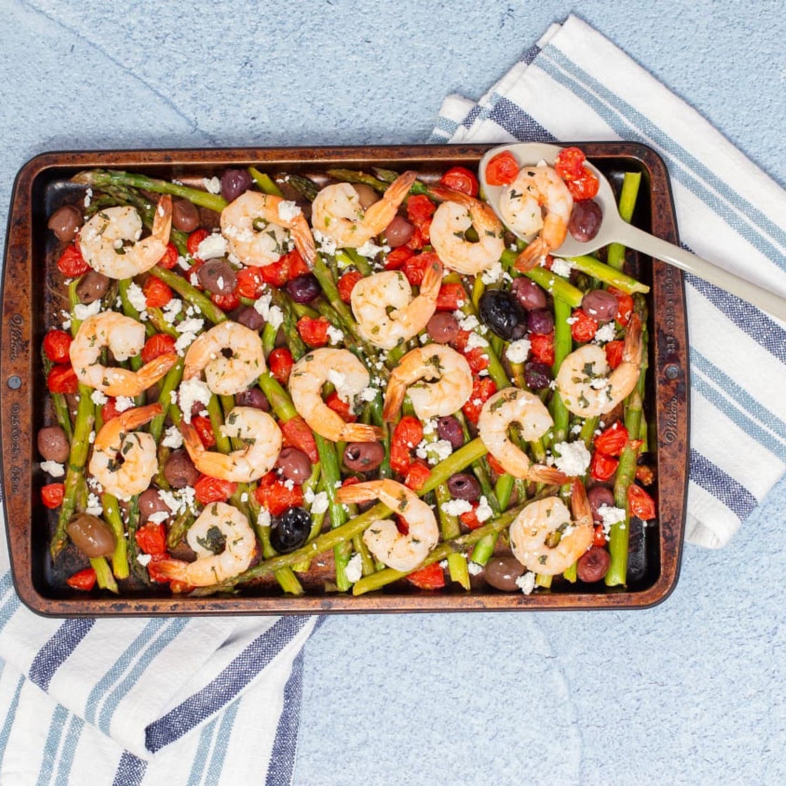 Sheet-Pan Greek Shrimp with Asparagus, Tomatoes and Olives Recipe
