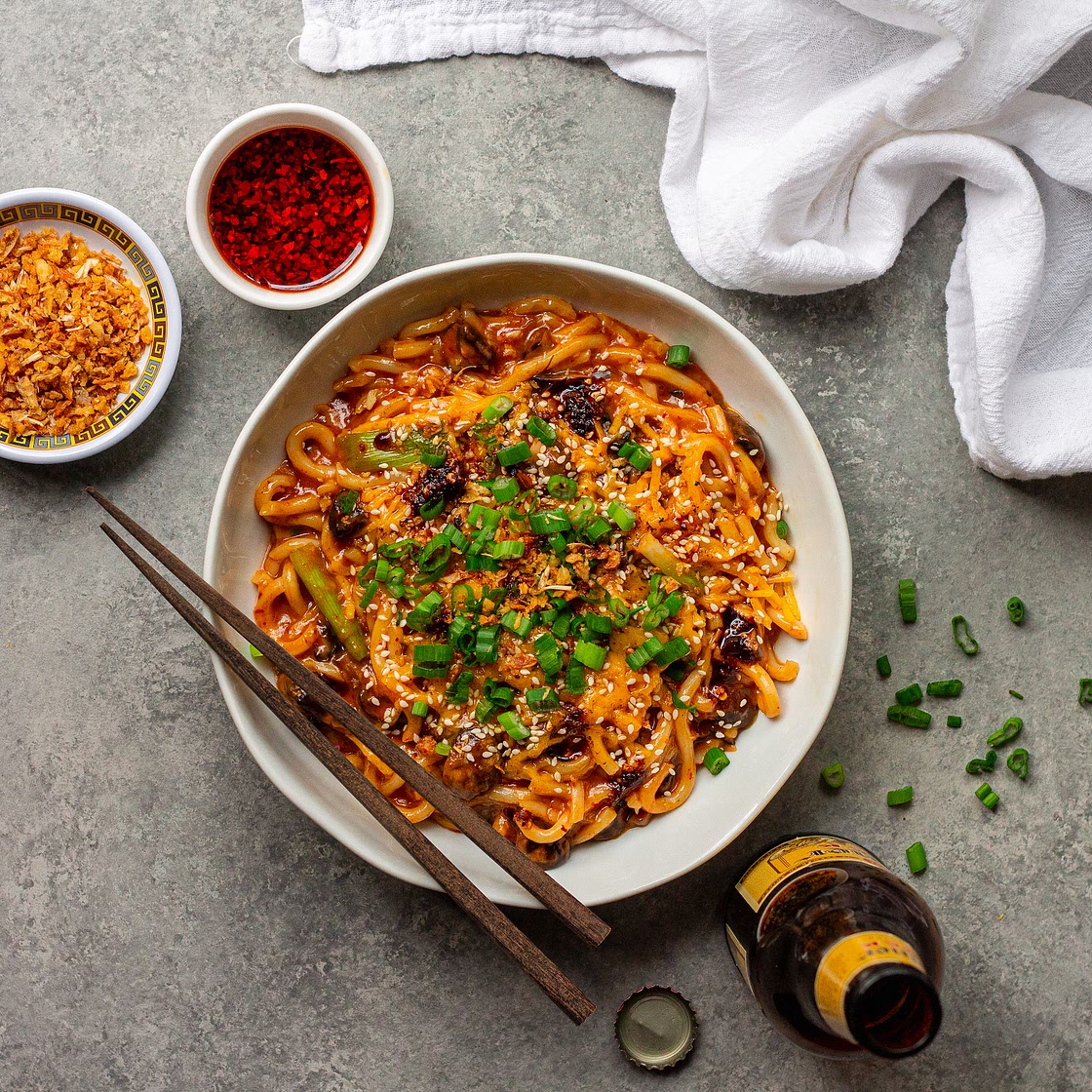 Cheesy Vegan Gochujang Udon Noodles