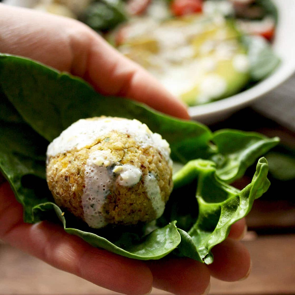 Crispy Baked Falafel with Hazelnuts and Creamy Lemon-Mint Sauce