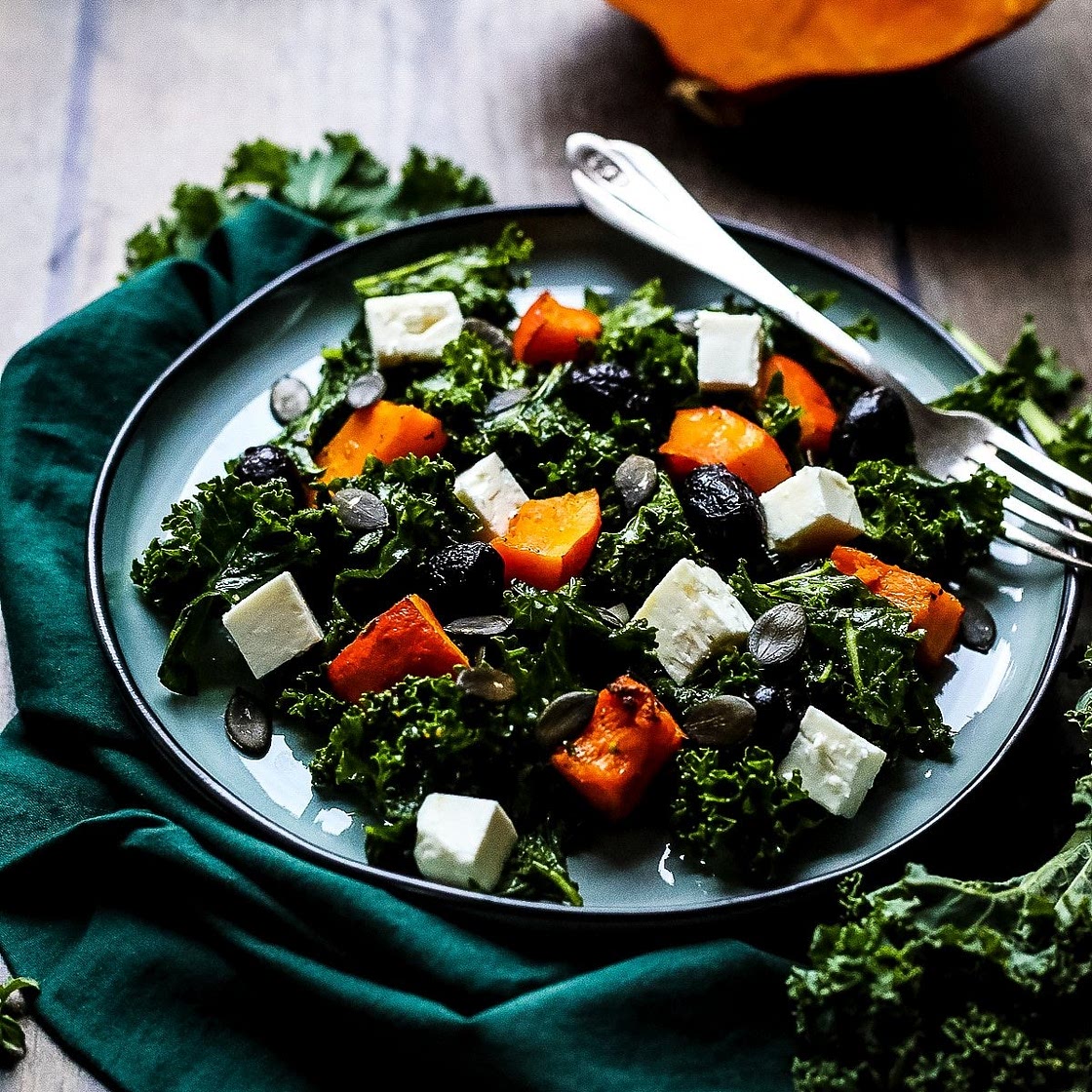 Kale Pumpkin Salad with Feta and Pesto Dressing