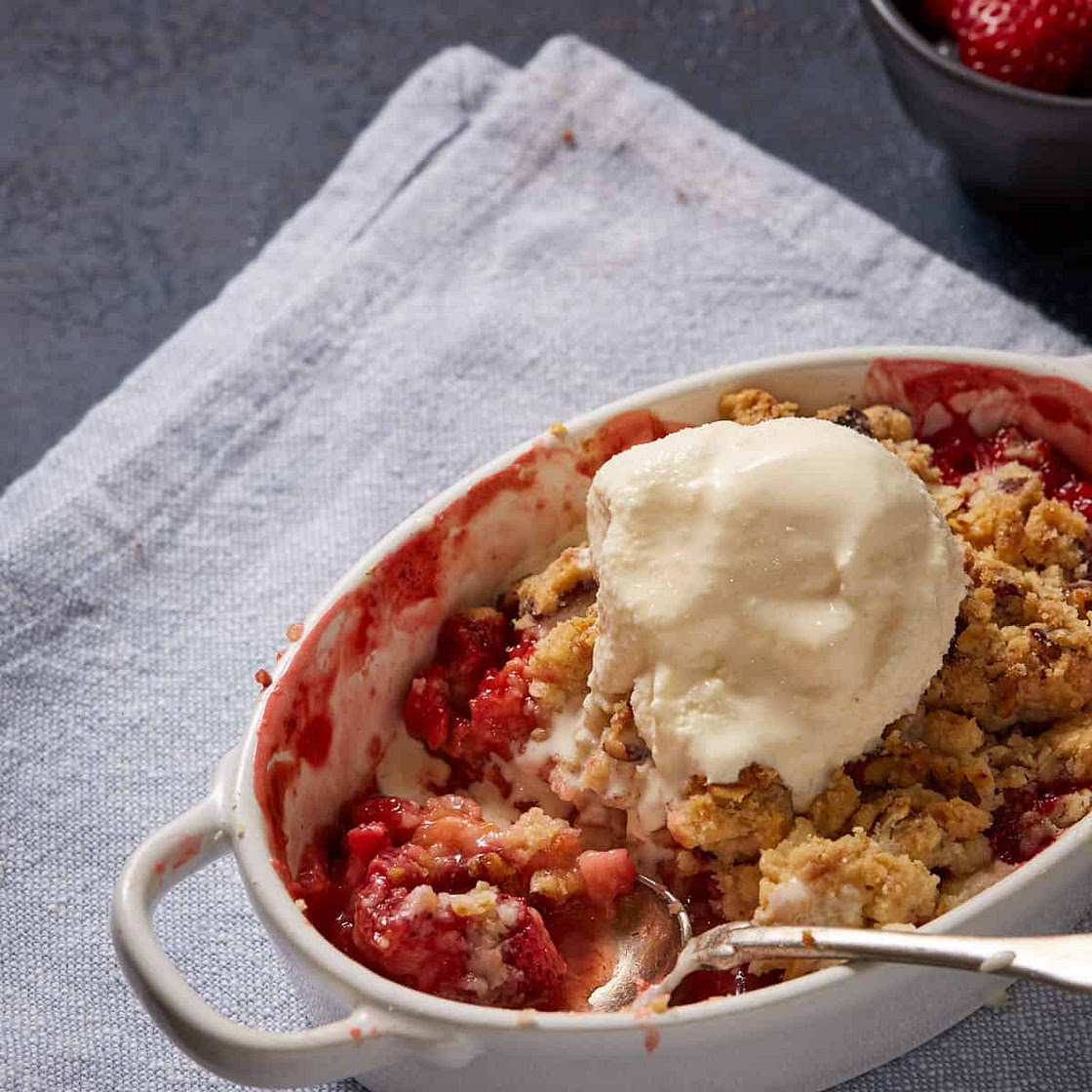 Strawberry Rhubarb Crumble/Crisp with a Buttery Pecan Topping