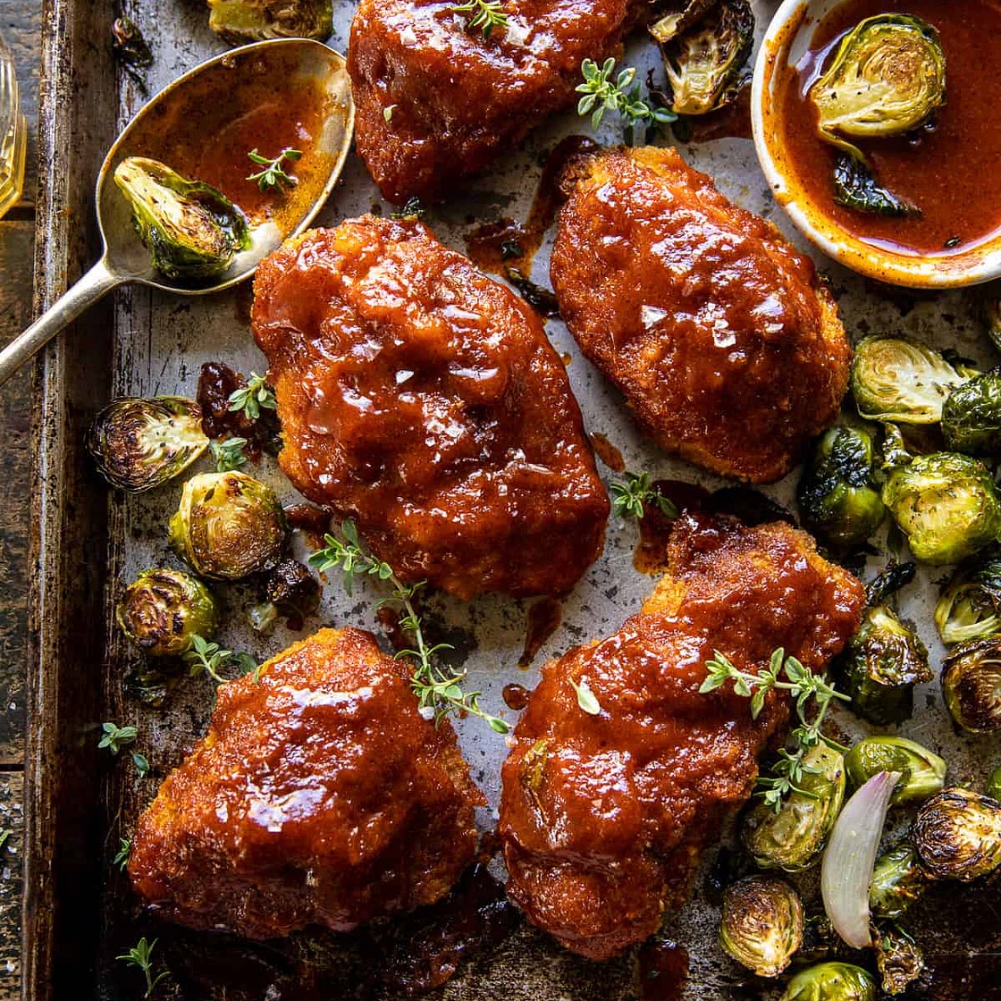 Sheet Pan Hot Honey Mustard Chicken and Crispy Brussels Sprouts