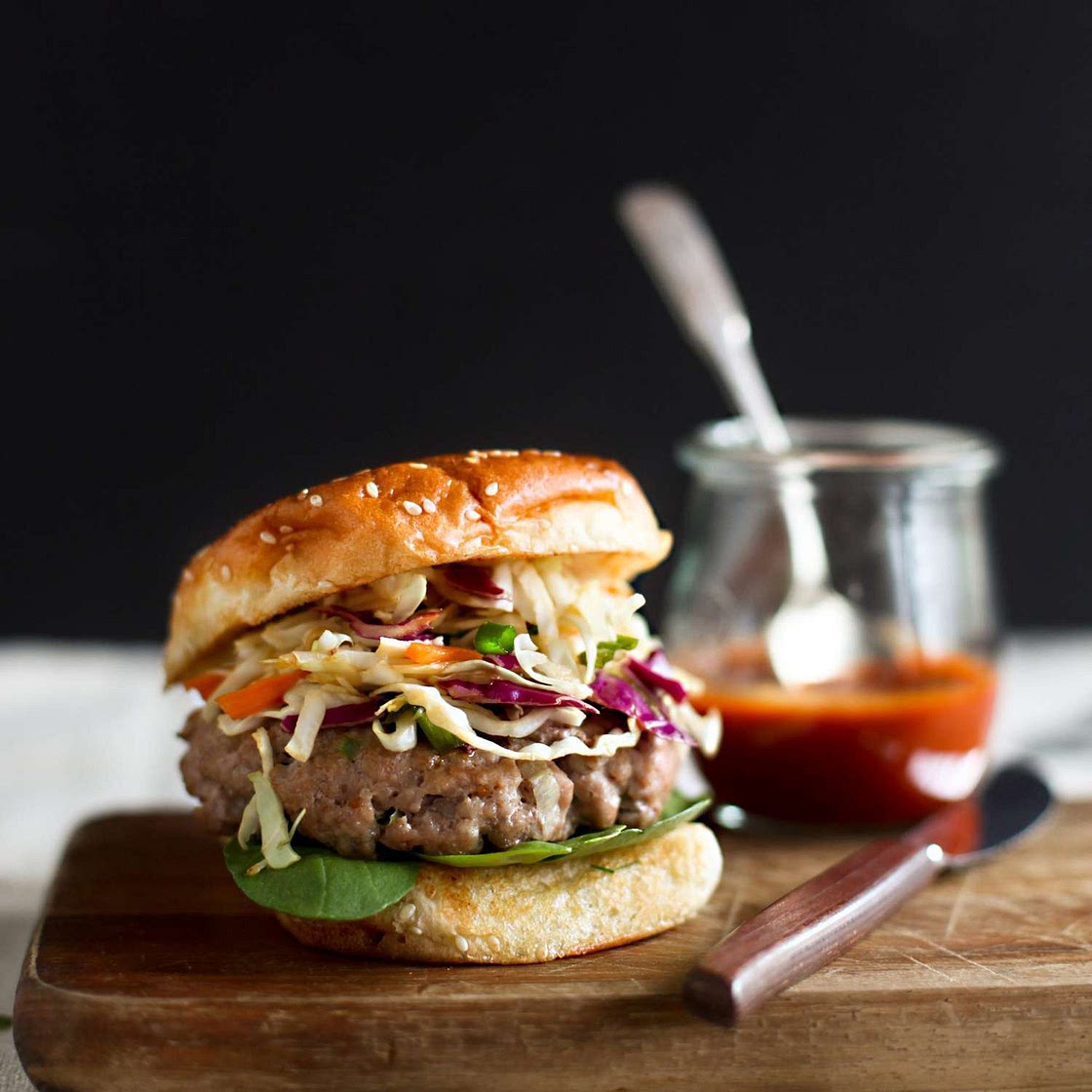 Ginger-Sesame Pork Burgers with Slaw