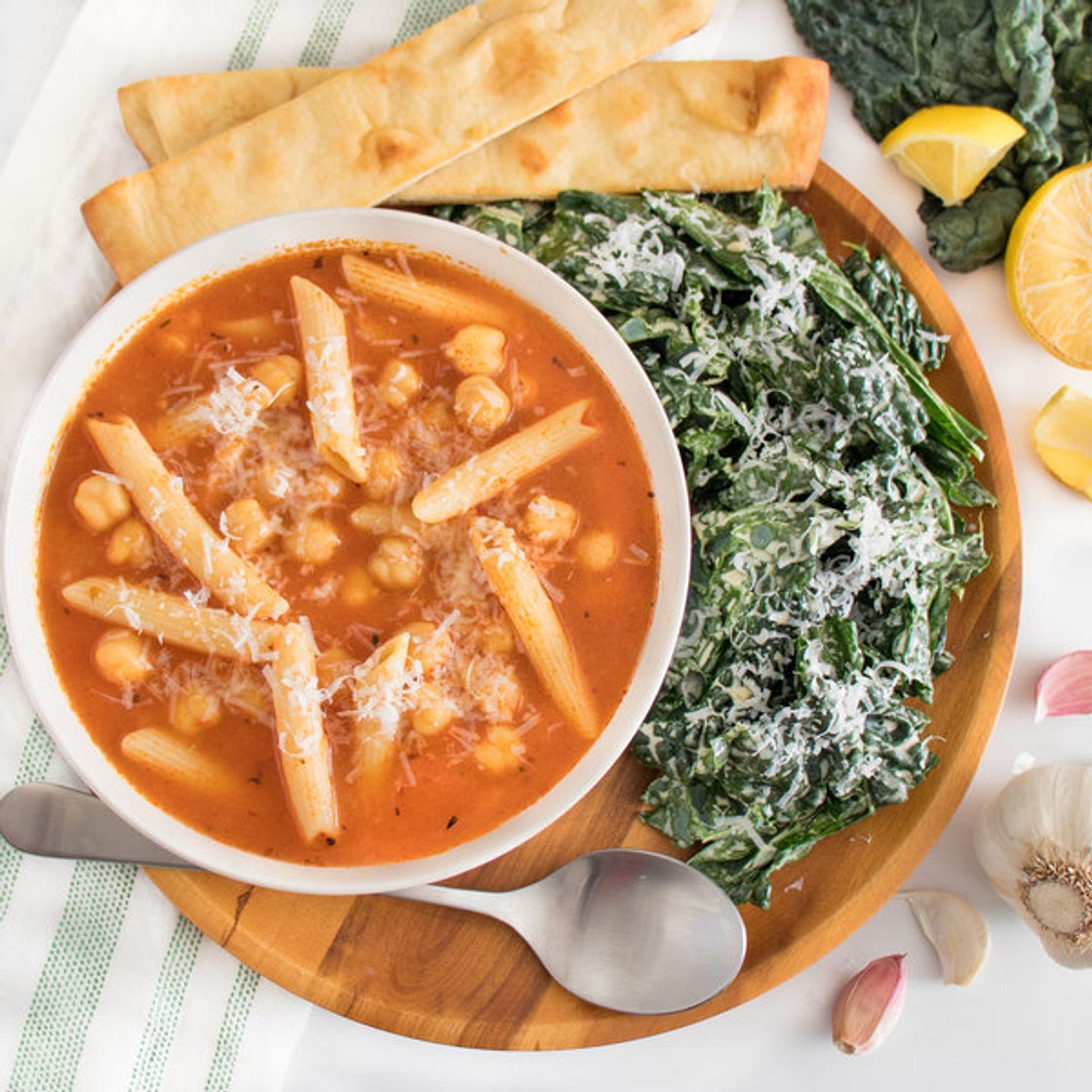 Chickpea-Tomato Noodle Soup with Kale Caesar & Breadsticks