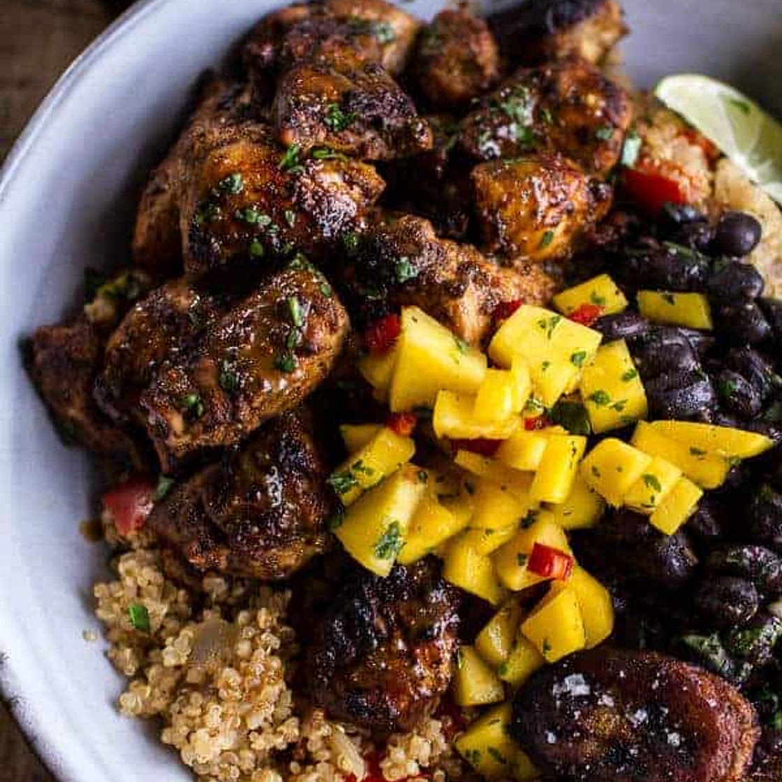 Cuban Chicken and Black Bean Quinoa Bowls with Fried Chili Spiced Bananas + Spicy Mangos