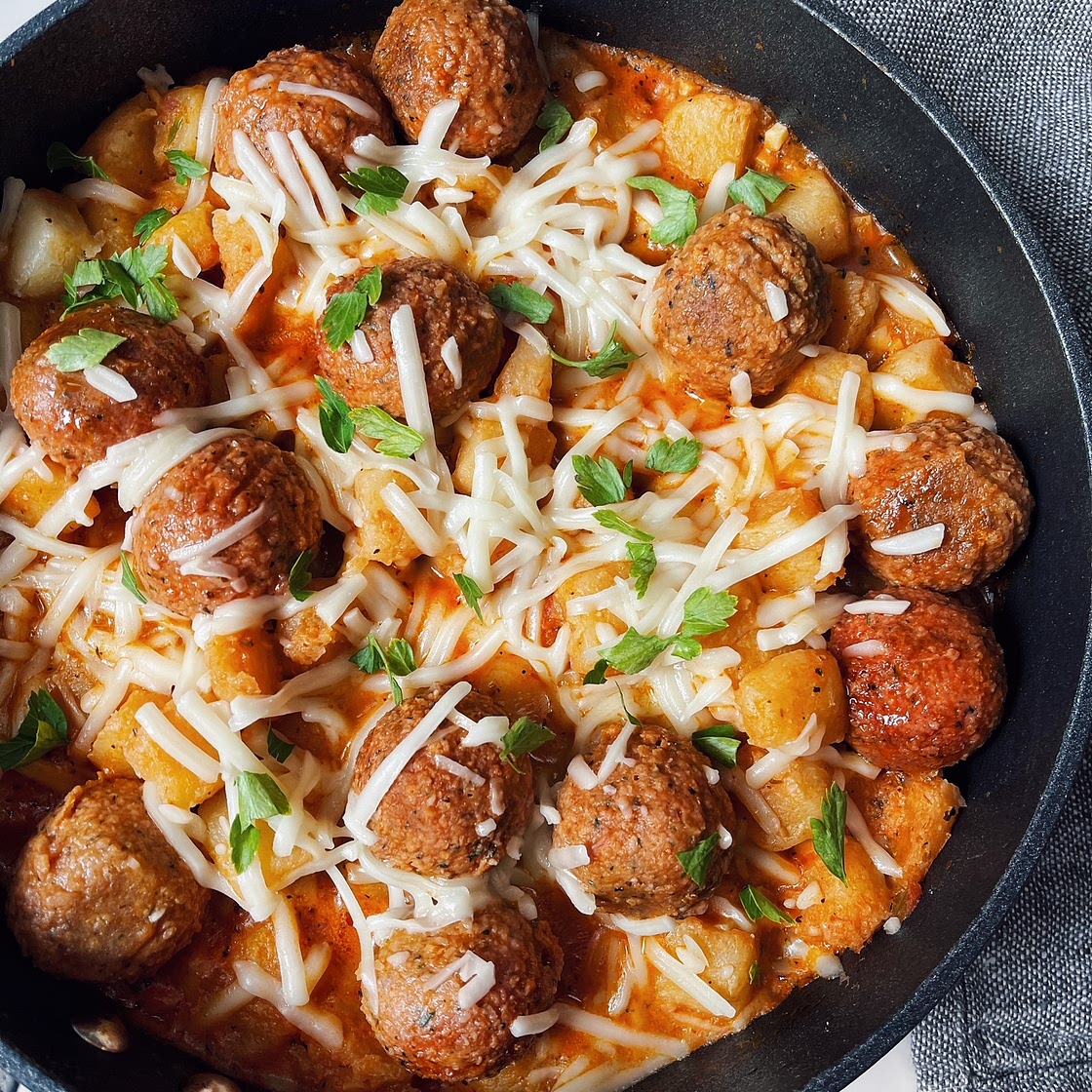 Easy Vegan Meatball Gnocchi Skillet ~ Gluten-free, Under 10 ingredients