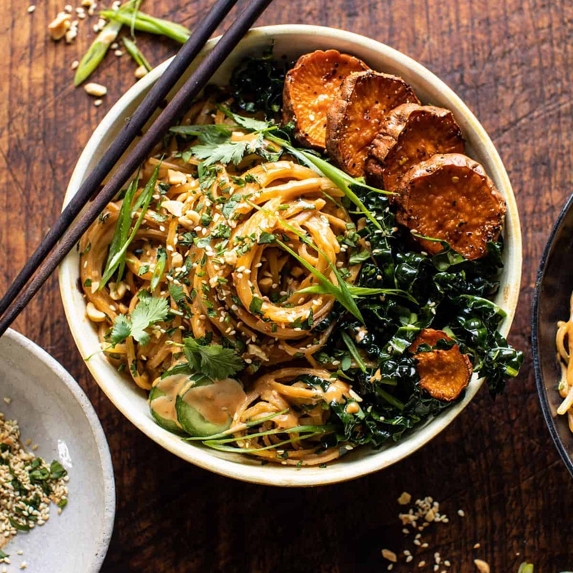 Saucy Tahini Noodles with Honey'd Sweet Potatoes