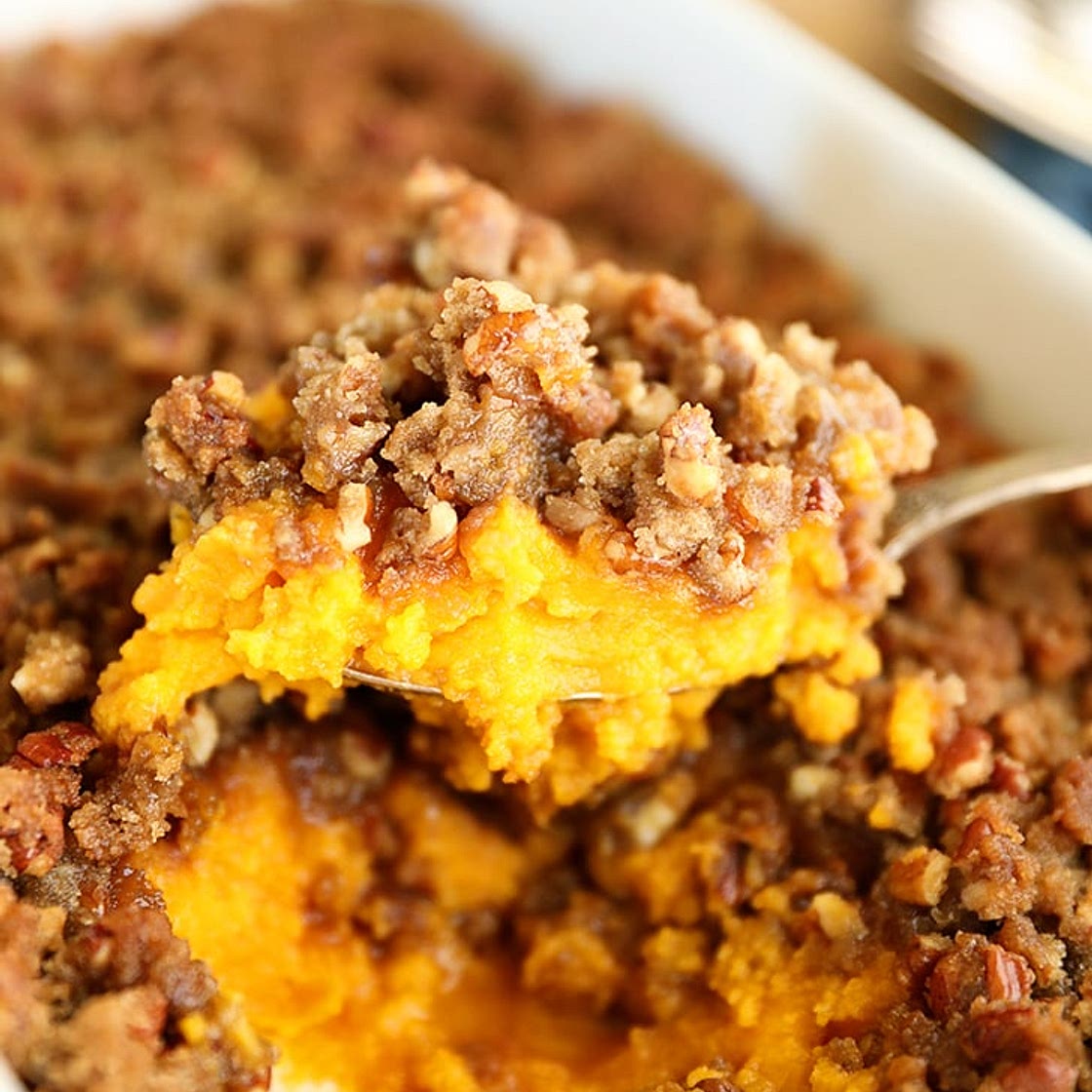 Sweet Potato Casserole with Pecan Praline Topping