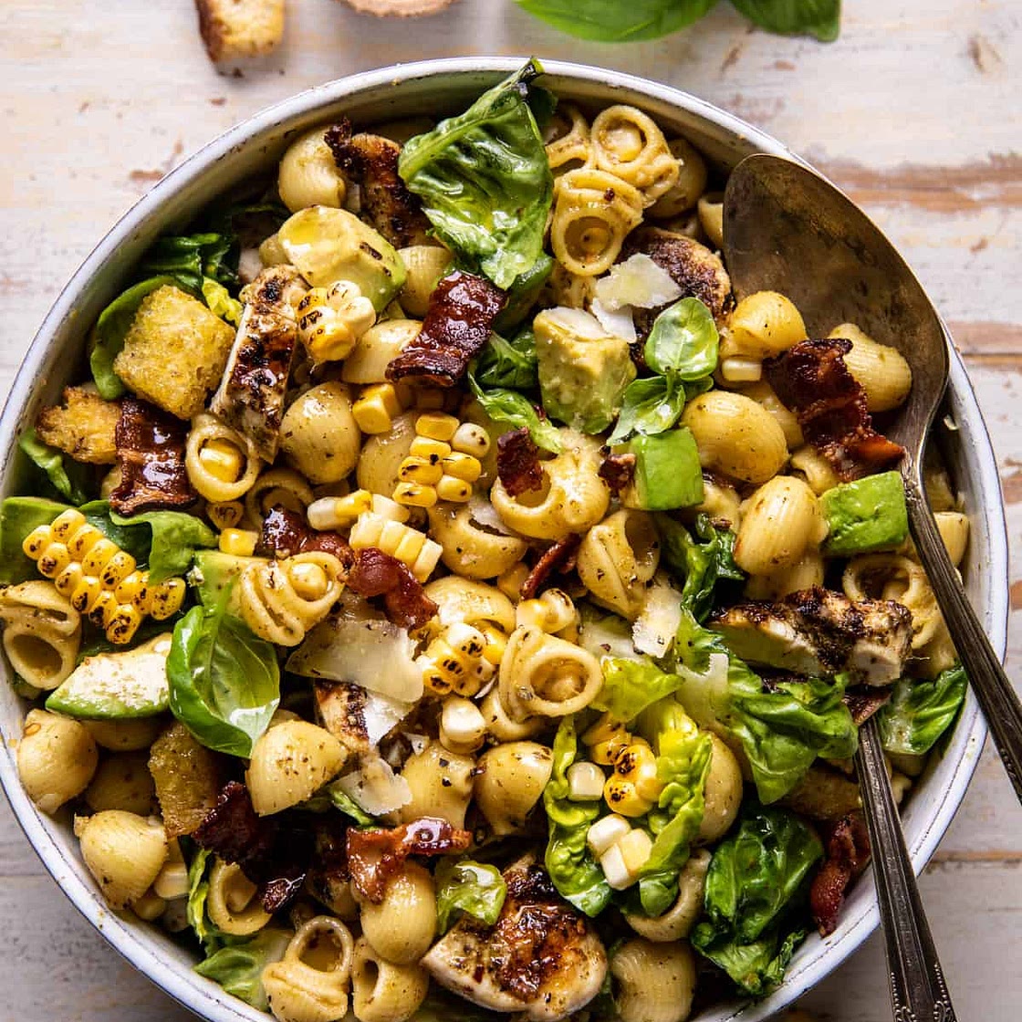 Pesto Chicken, Corn, and Avocado Bacon Pasta Salad