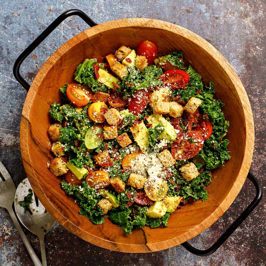Kale Caesar Salad with Turkey Bacon and Tomatoes