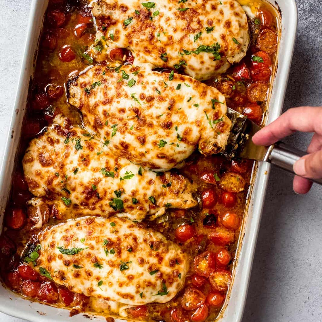 Pesto Baked Chicken with Tomatoes and Mozzarella