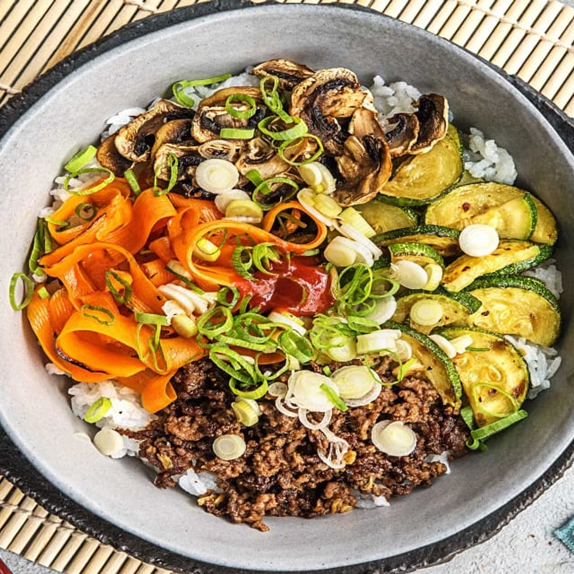 Korean Beef Bibimbap with Zucchini, Mushrooms, and Carrot