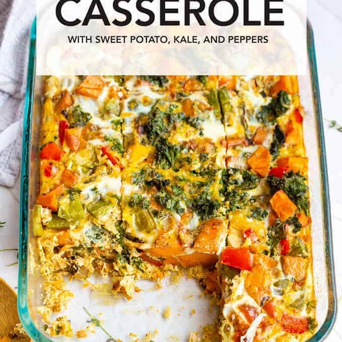 Healthy Egg Casserole with Sweet Potatoes, Kale, and Peppers