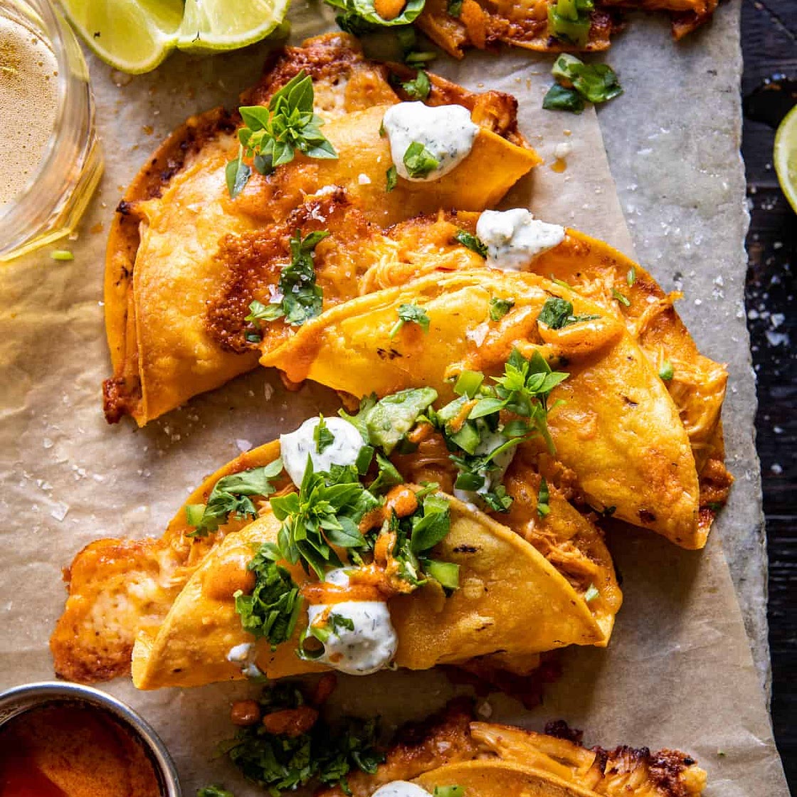 Crockpot Crispy Buffalo Chicken Tacos with Jalapeño Ranch