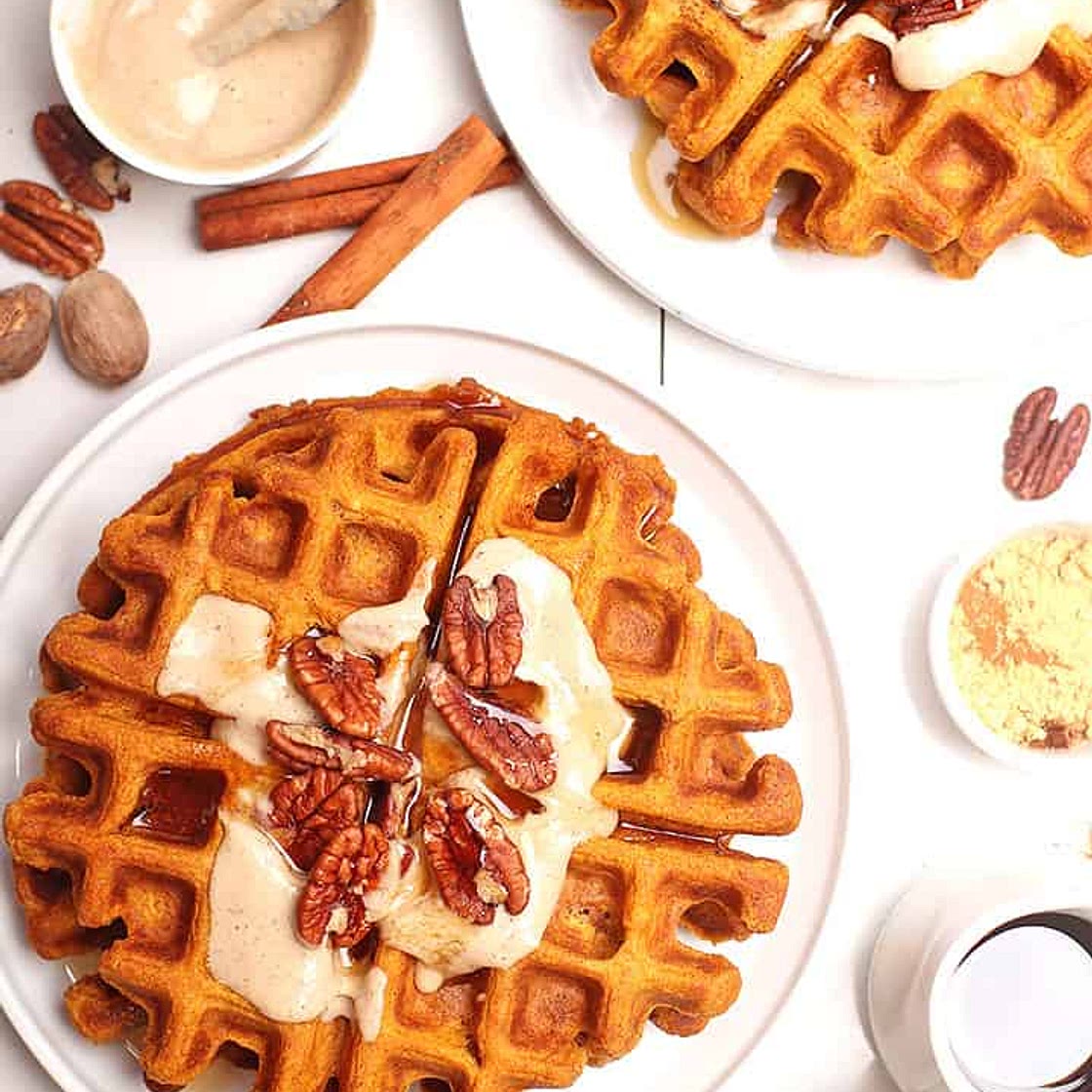 Pumpkin Waffles with Maple Cashew Cream