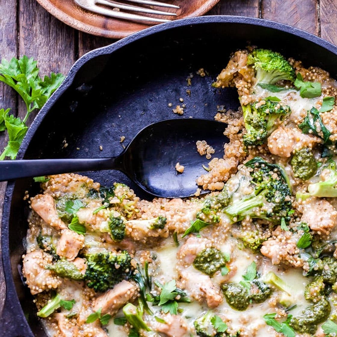 Cheesy Pesto Chicken and Broccoli Quinoa Skillet