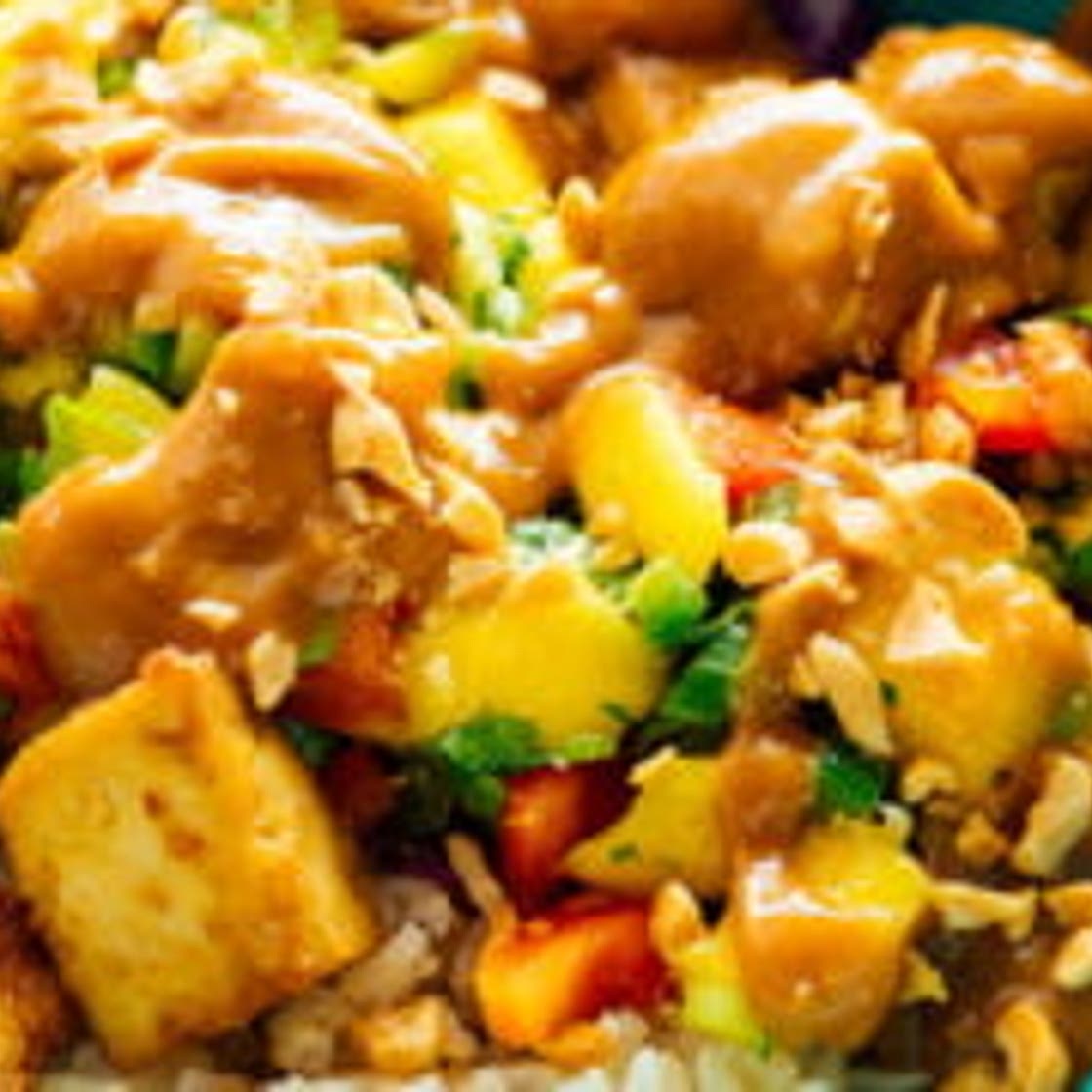 Mango "Burrito" Bowls with Crispy Tofu and Peanut Sauce