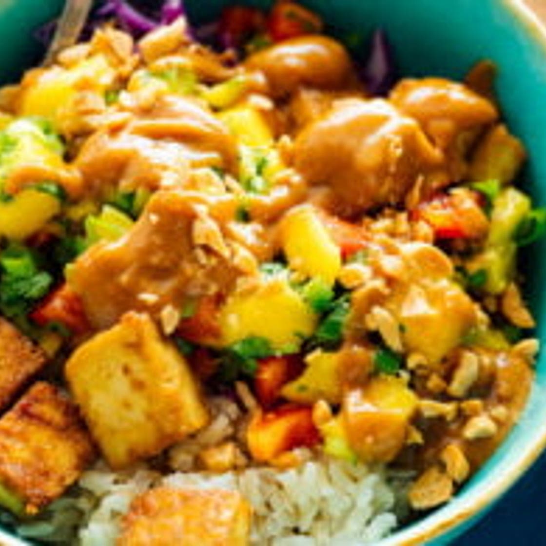 Mango "Burrito" Bowls with Crispy Tofu and Peanut Sauce