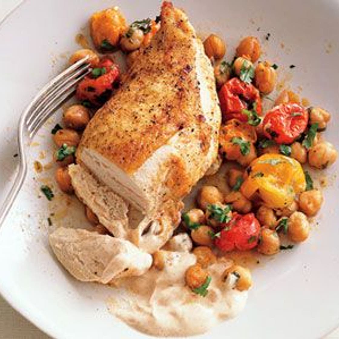 Roast Chicken Breasts with Garbanzo Beans, Tomatoes, and Paprika