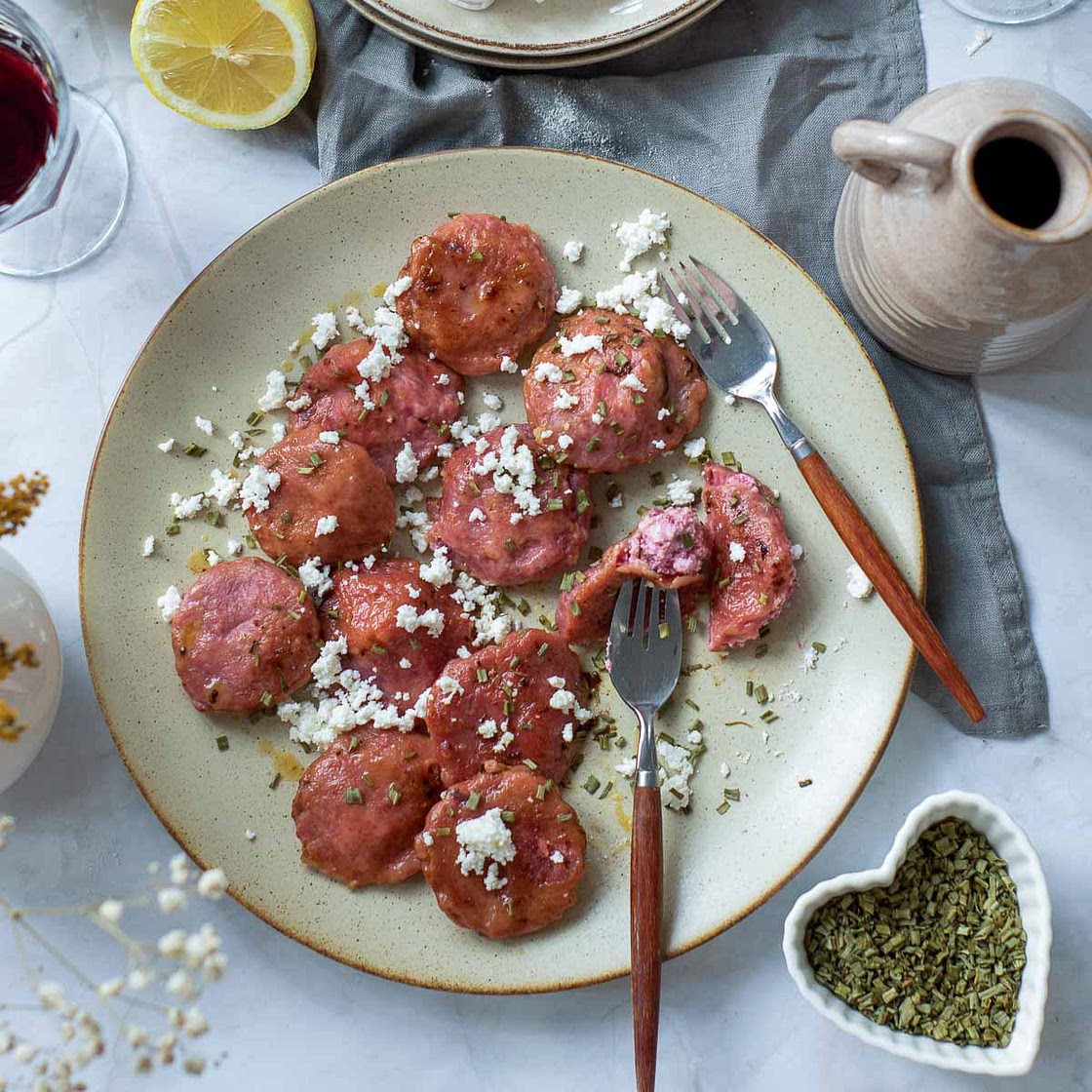 Beet Ravioli with Goat Cheese Filling and Lemon Butter Sauce