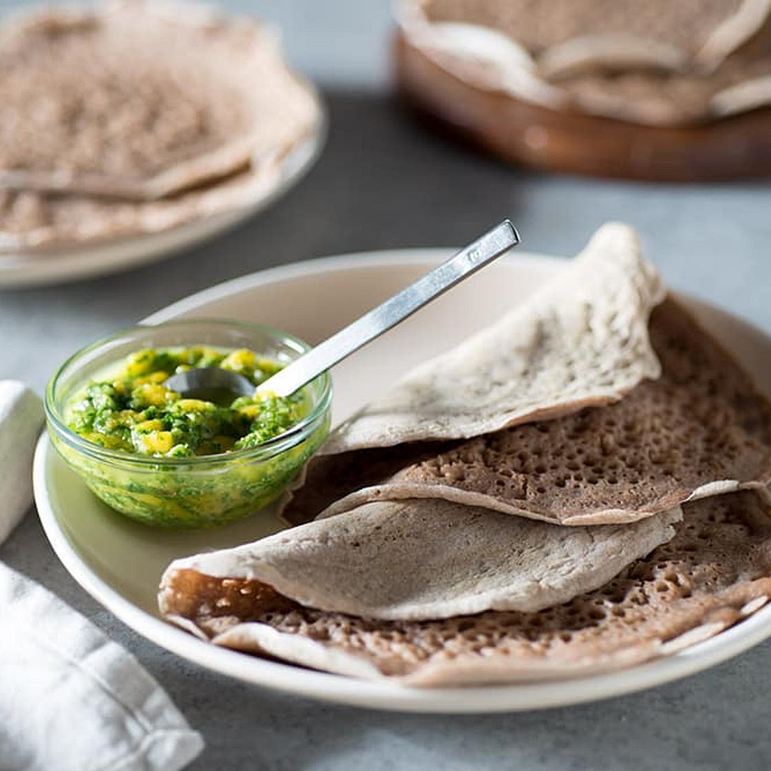 Injera with Cilantro Mango Chutney