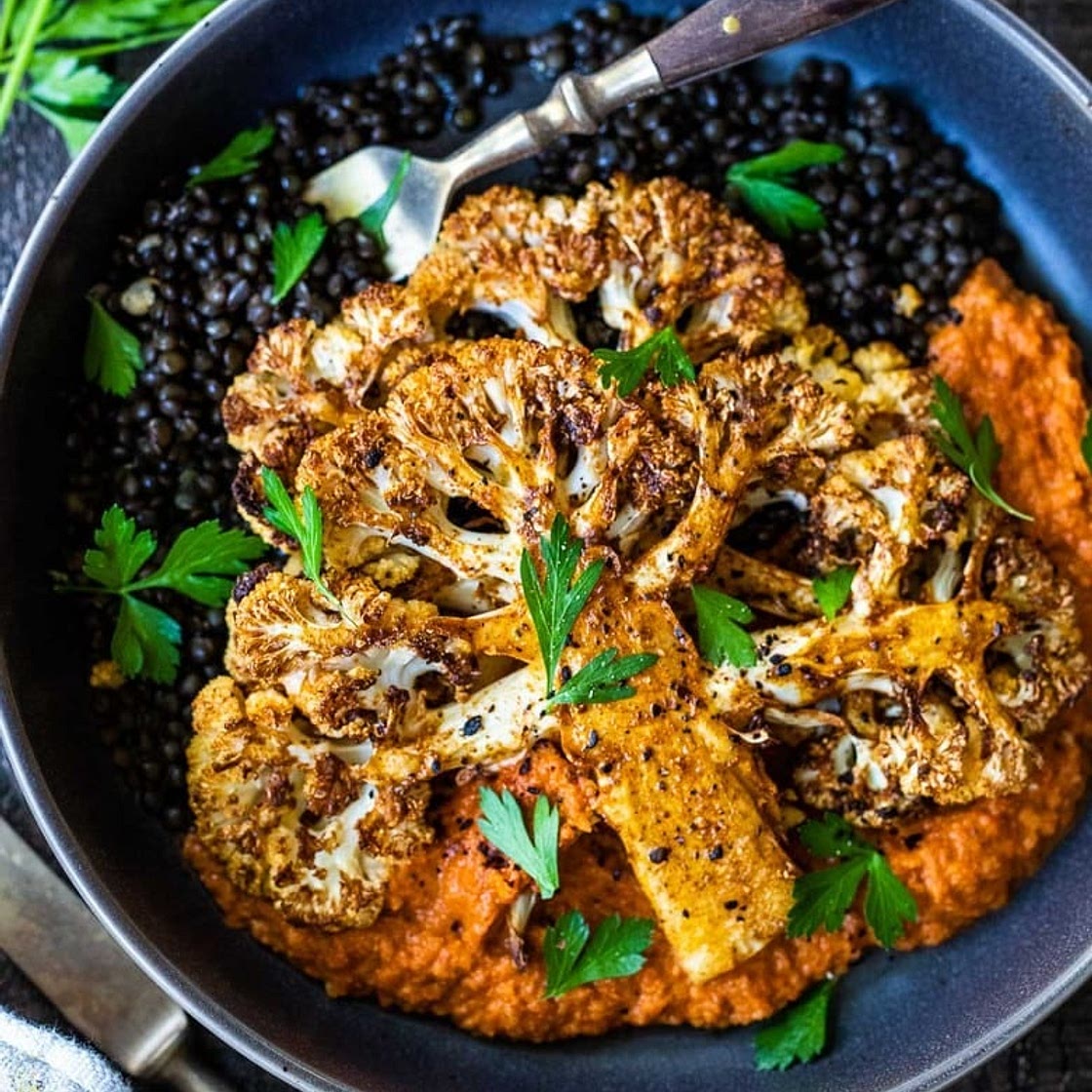 Cauliflower Steaks with Romesco Sauce and Lentils