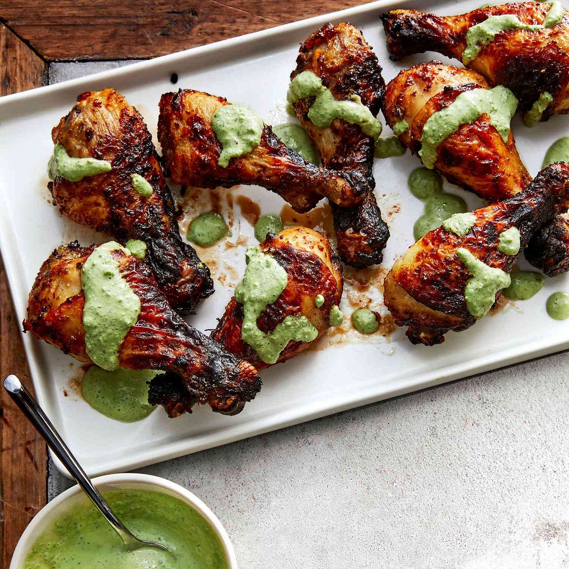 Air-Fried Peruvian Chicken Drumsticks with Green Crema