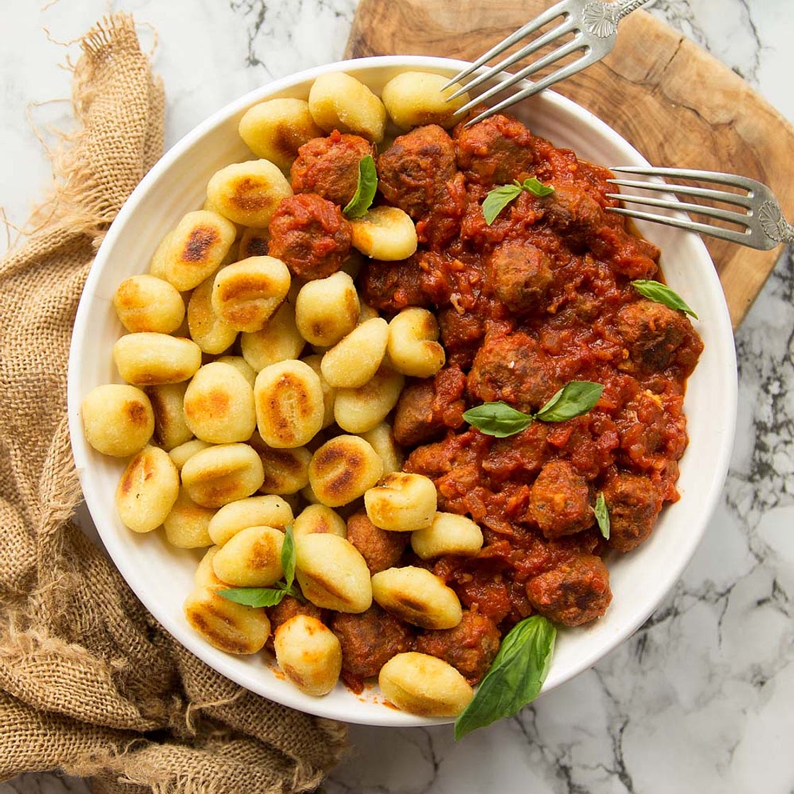 Crispy Gnocchi with Sausage Meatballs