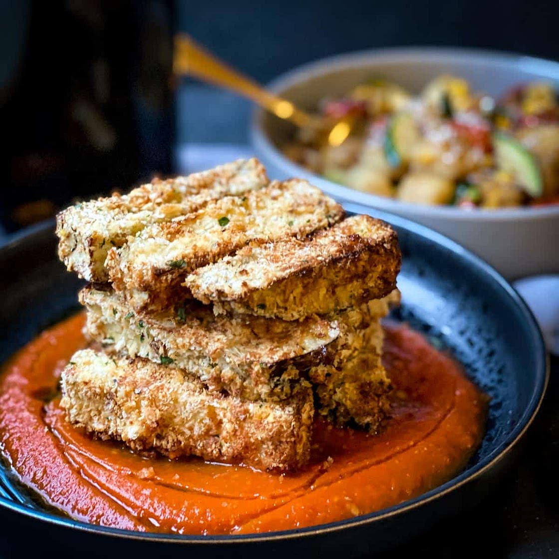 Air Fryer Eggplant with Roasted Red Pepper Sauce