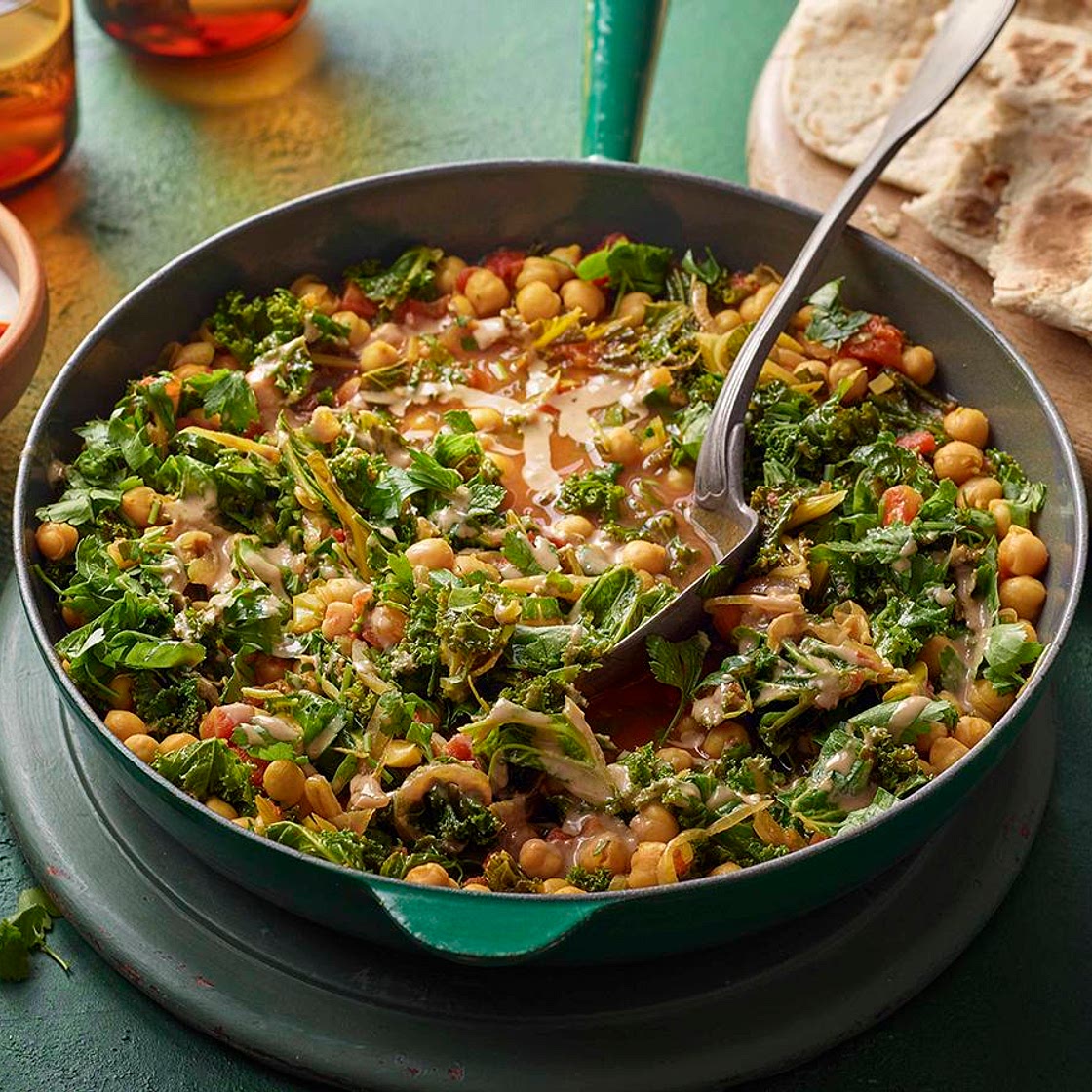 Quick chickpea braise with kale and harissa