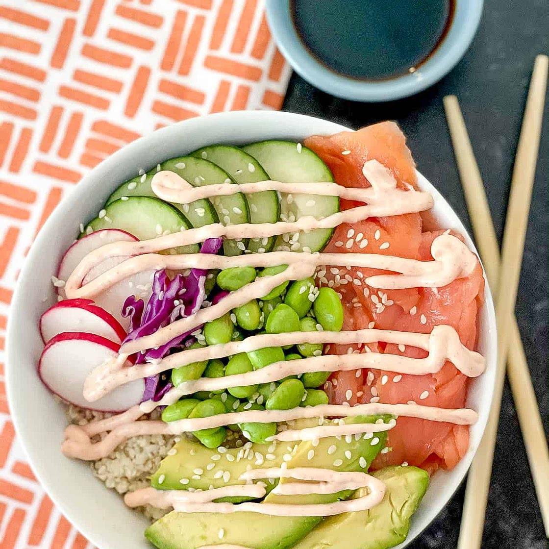 Low Carb Salmon Cauliflower Rice Poke Bowl