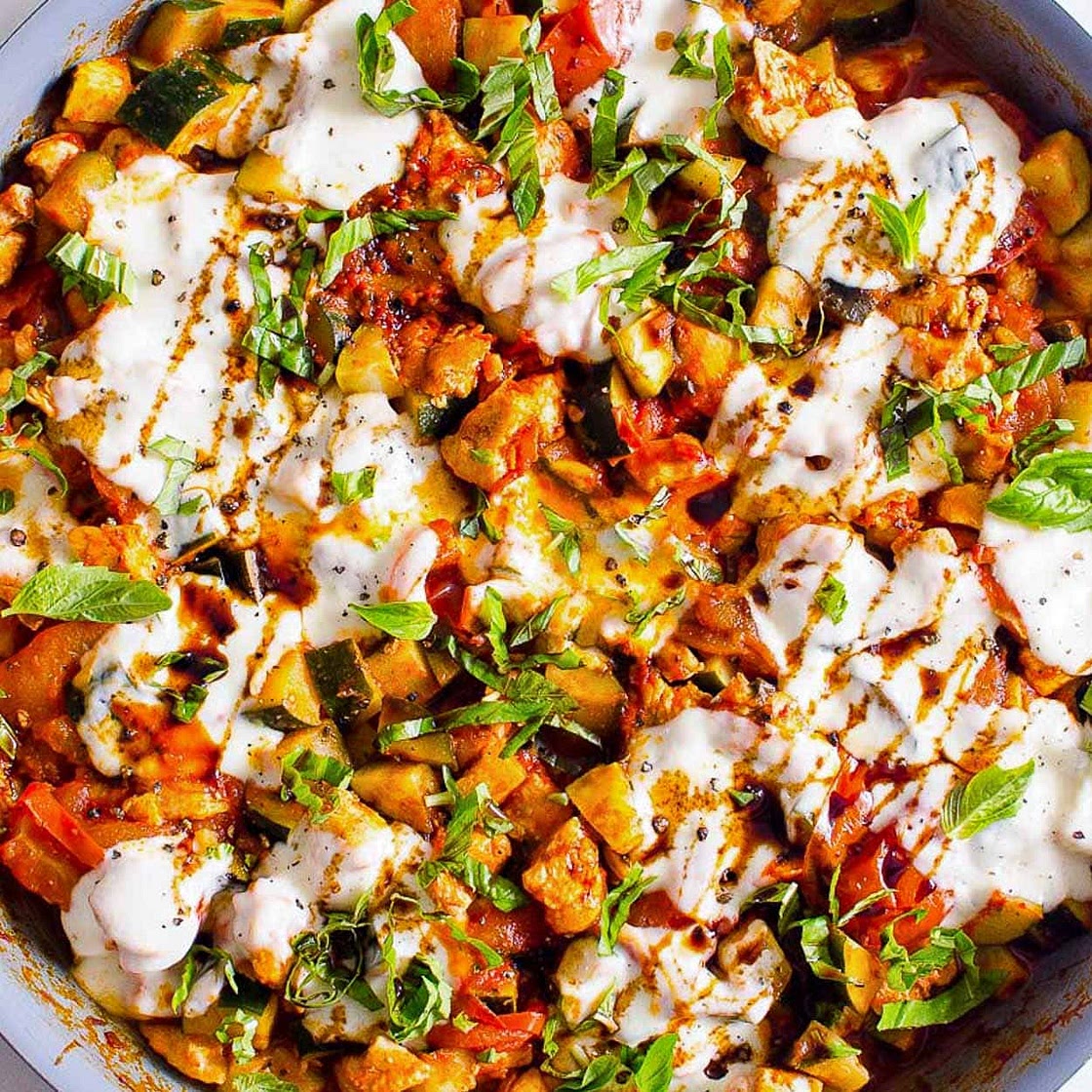 Caprese Chicken with Zucchini and Tomatoes Skillet