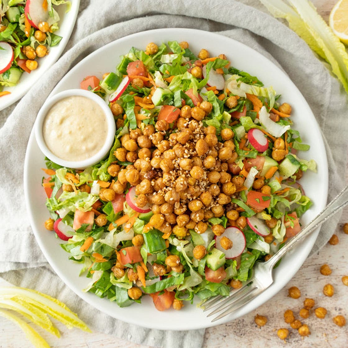 Falafel-Inspired Salad with Crispy Chickpeas & Lemon Tahini Dressing