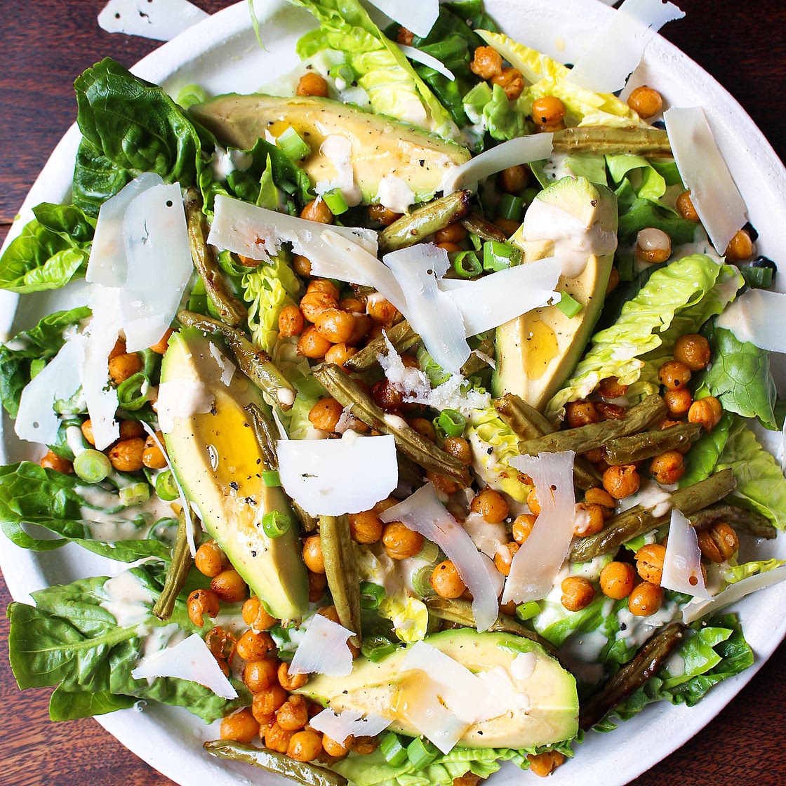 Green Caesar Salad with Avocado and Crispy Chickpeas