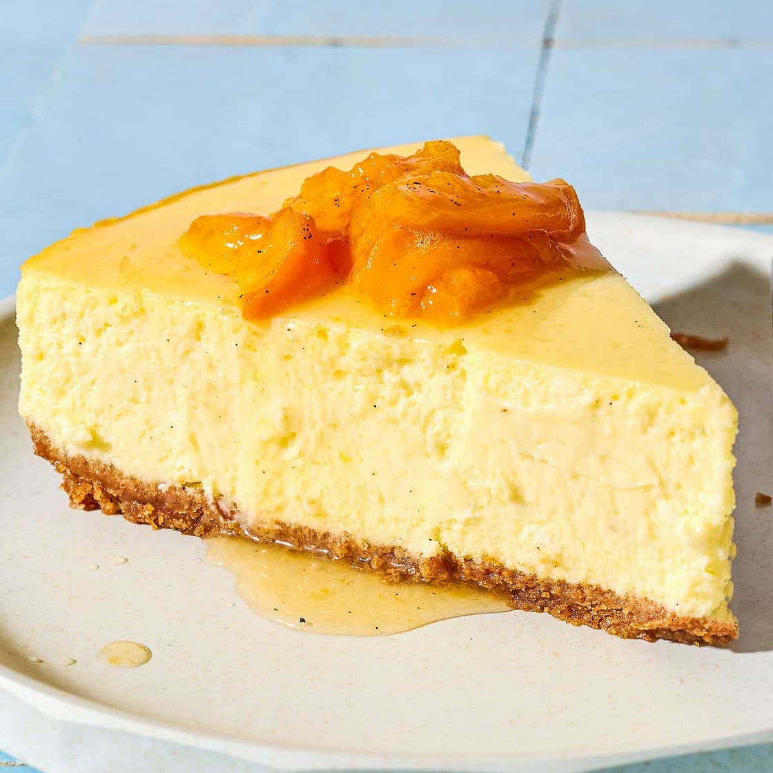 Greek Yogurt Cheesecake with Apricot, Vanilla, and Honey Compote